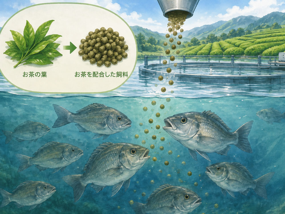 イラスト:お茶を配合した飼料で魚を育てる様子